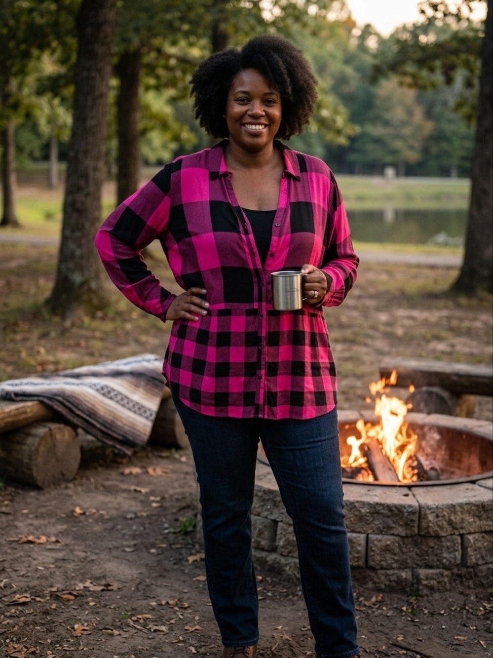 Cato Pink and Black Buffalo Plaid Button-Front Blouse